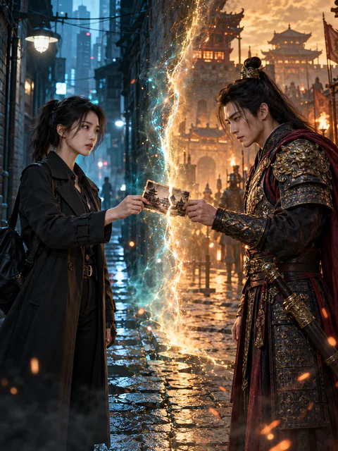 现代女侦探与古代将军隔着时空裂隙对视的AI魔改短剧剧照